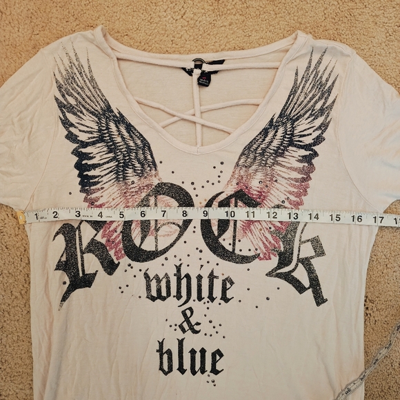 Y2K Rock & Republic Studded Rock White & Blue Graphic Tee w Strappy Neck Detail. - Picture 9 of 11